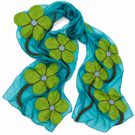 Green Poppy Floral Felted Silk Scarf
