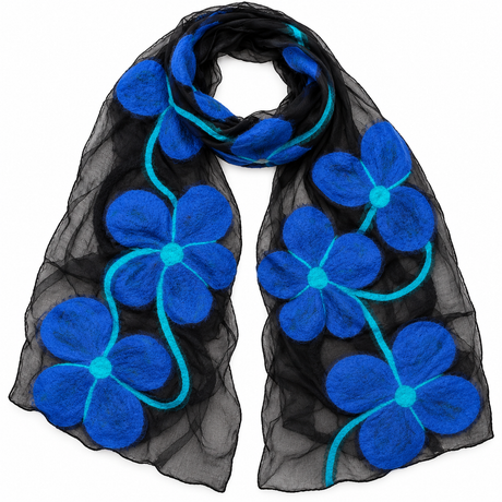 Blue Poppy Floral Felted Silk Scarf