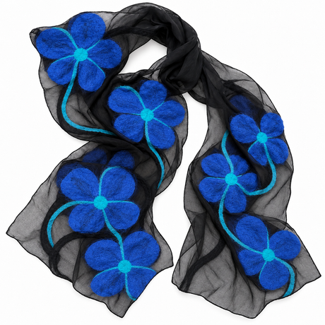 Blue Poppy Floral Felted Silk Scarf