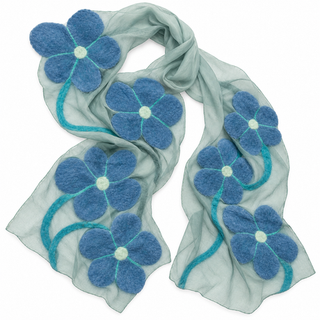 Light Blue Poppy Floral Felted Silk Scarf