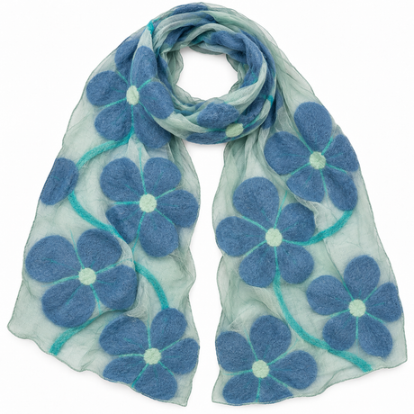 Light Blue Poppy Floral Felted Silk Scarf