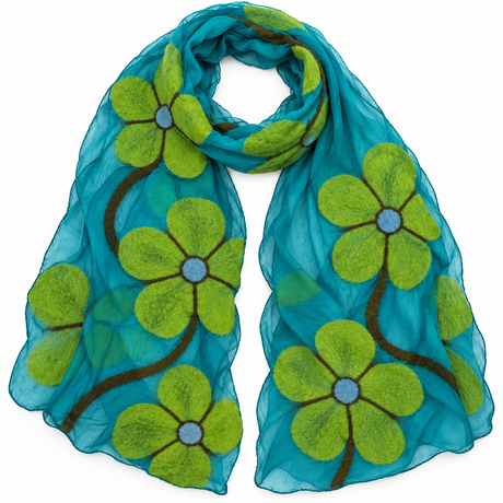 Green Poppy Floral Felted Silk Scarf