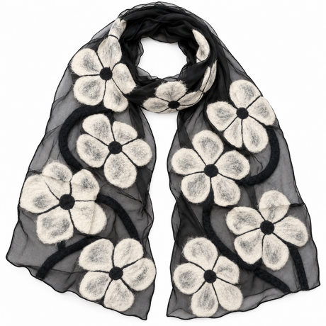 White Poppy Floral Felted Silk Scarf