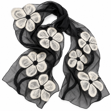 White Poppy Floral Felted Silk Scarf