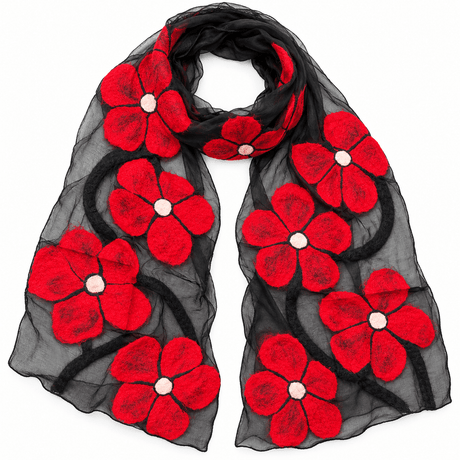 Red Poppy Floral Felted Silk Scarf - BNB Crafts Inc