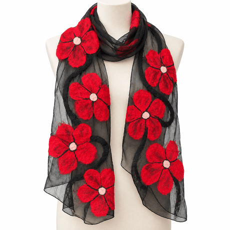 Red Poppy Floral Felted Silk Scarf - BNB Crafts Inc