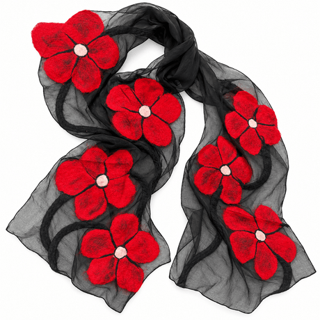 Red Poppy Floral Felted Silk Scarf - BNB Crafts Inc